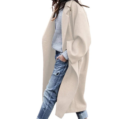 Women's solid color woolen coat with pockets for winter warmth