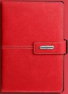 A5 notebook with imitation leather cover in a choice of colours including black, red, green, blue, and orange.