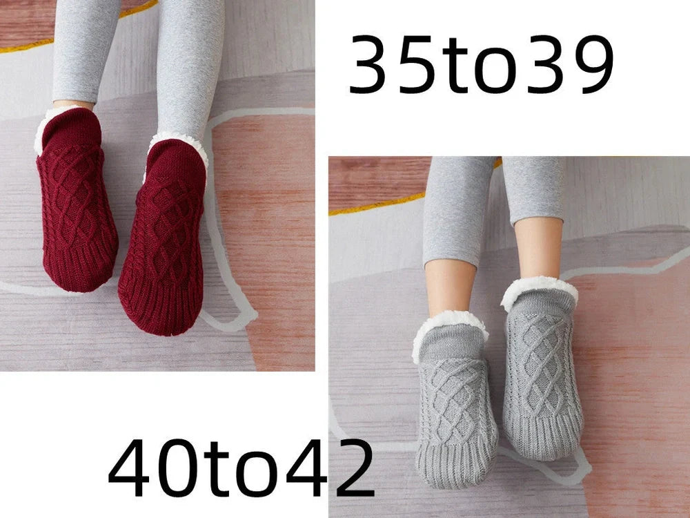 Winter woolen socks with V-opening design and anti-slip dots on soles in navy blue colour