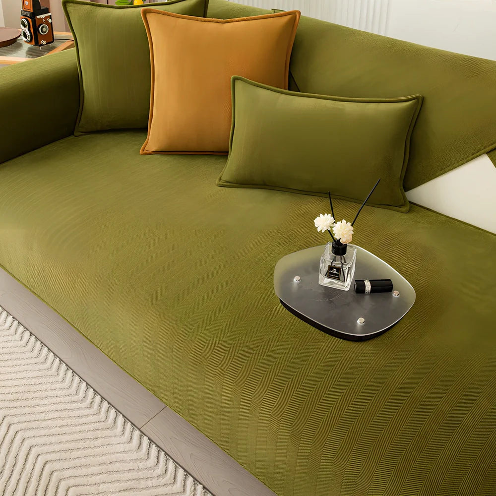 Chenille sofa cushion cover in army green with matching pillowcase on grey sofa
