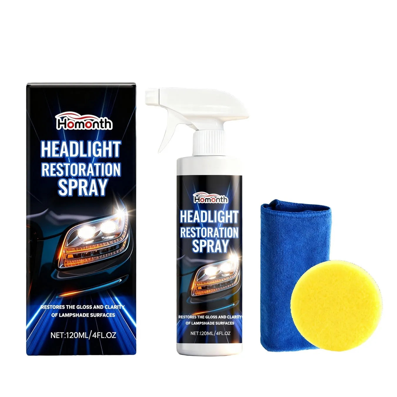HOMONTH 120ml headlight restoration spray bottle with sponge and microfiber towel for car headlight cleaning