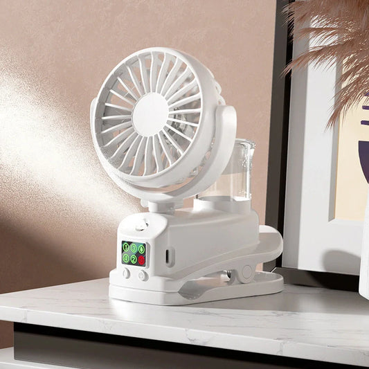 F7 clip spray fan in black colour showing clip attachment and mist spray function