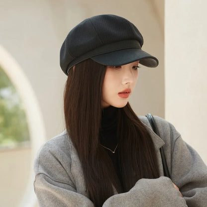 Stylish octagonal leather cap in black, gray, caramel, coffee, and milky white colors with breathable and windproof design