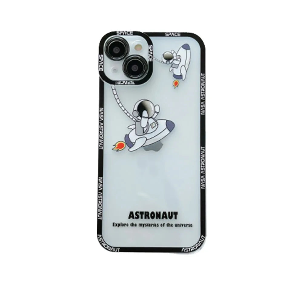 Transparent silicone iPhone case with blue astronaut print, shown on a phone.