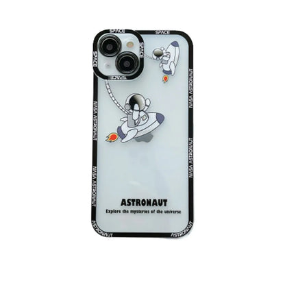 Transparent silicone iPhone case with blue astronaut print, shown on a phone.