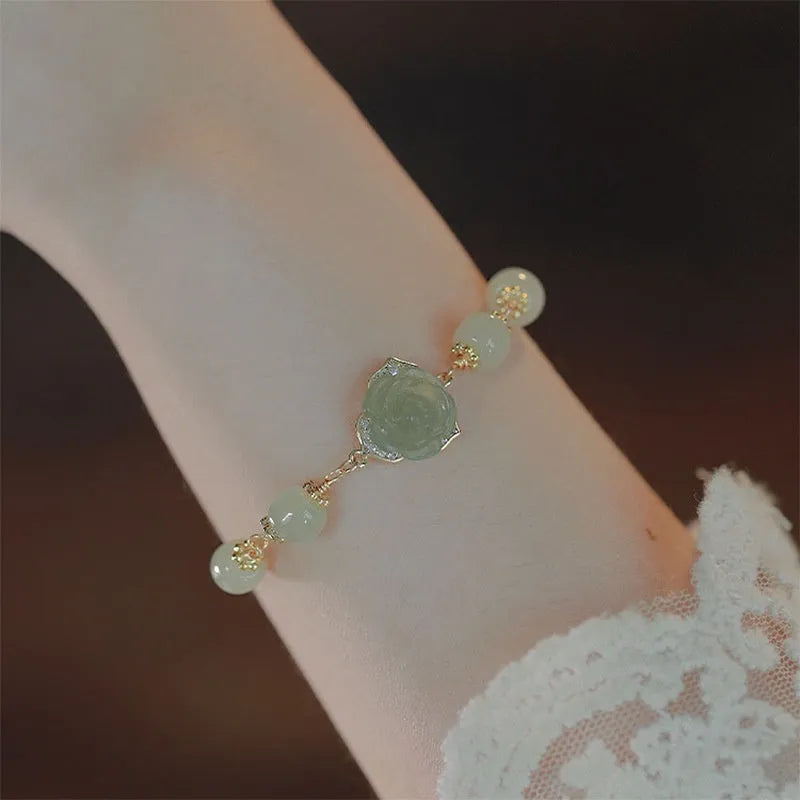 Hetian jade rose women's bracelet with 14K gold gilding and floral design