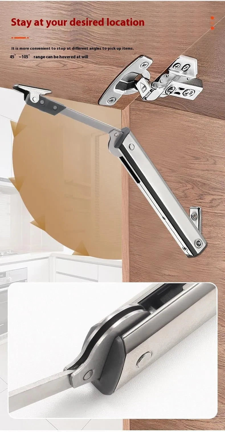 Cold rolled steel tatami cabinet support rod with adjustable stop for flap-up doors, stainless steel finish