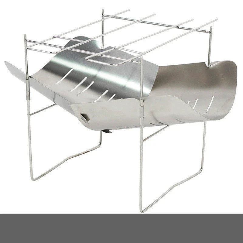 Portable folding outdoor camping stove with grill, made of titanium and stainless steel for durable and versatile outdoor cooking
