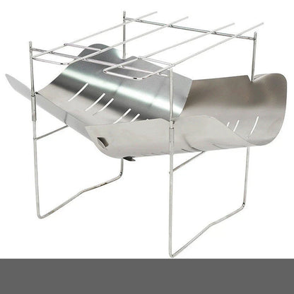 Portable folding outdoor camping stove with grill, made of titanium and stainless steel for durable and versatile outdoor cooking