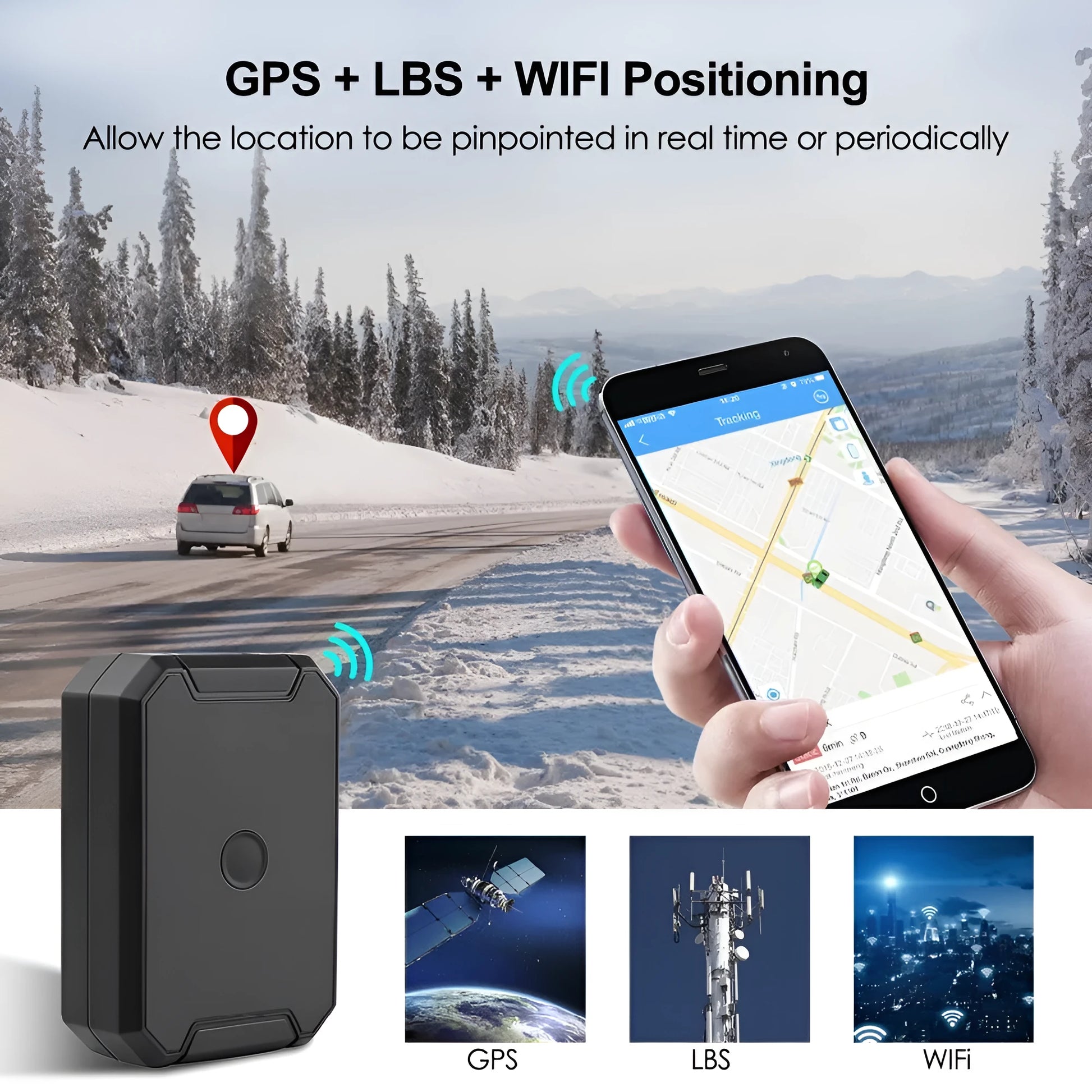 Black GPS car locator device with 6000mAh battery for vehicle tracking.