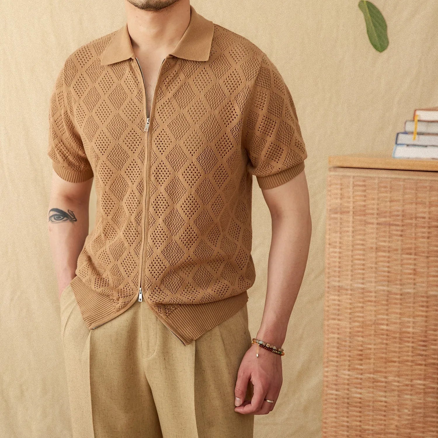 Cotton zipper hollow short sleeve lapel cardigan casual top in light brown colour on hanger