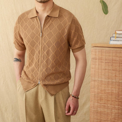 Cotton zipper hollow short sleeve lapel cardigan casual top in light brown colour on hanger