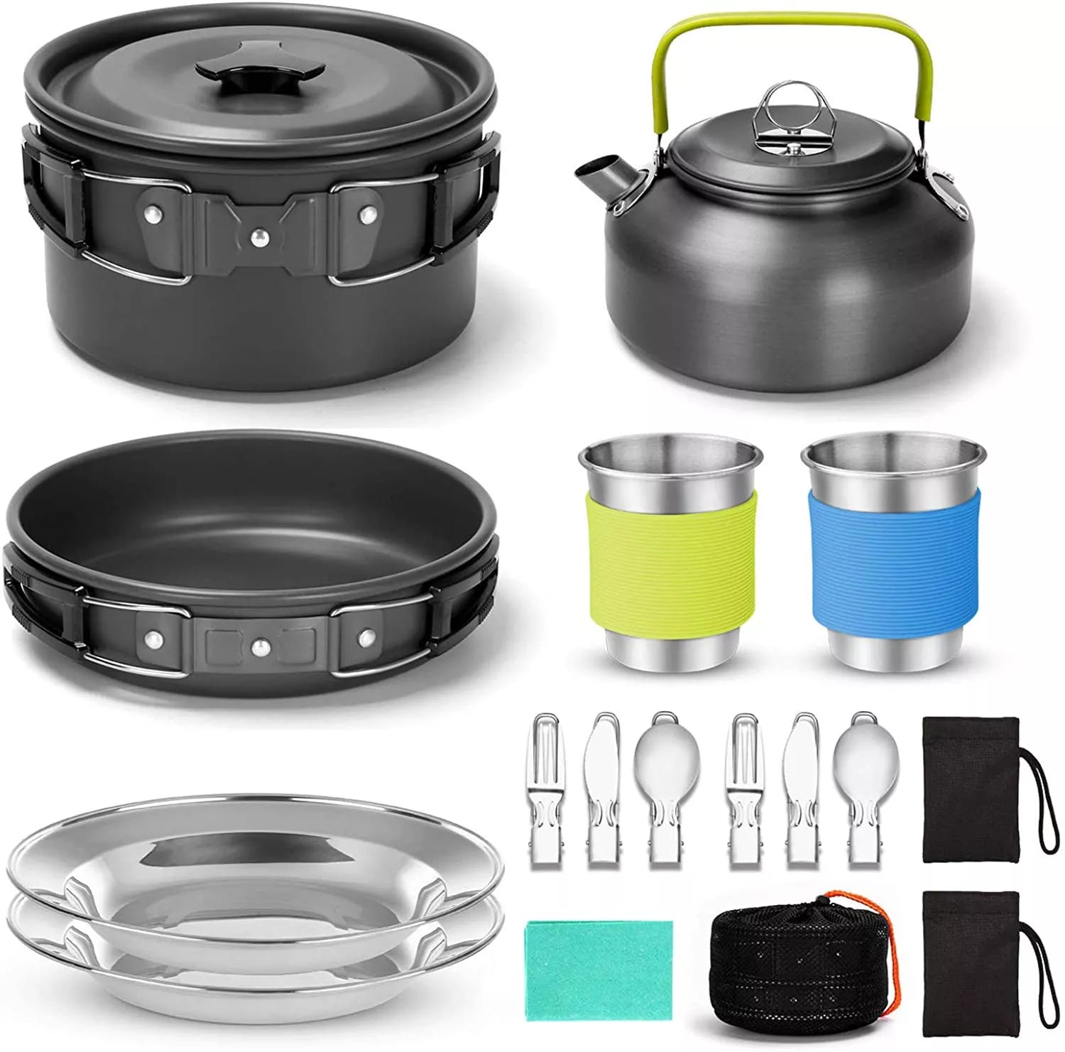 Camping cooker set with teapot, frying pan, and stainless steel utensils for outdoor dining