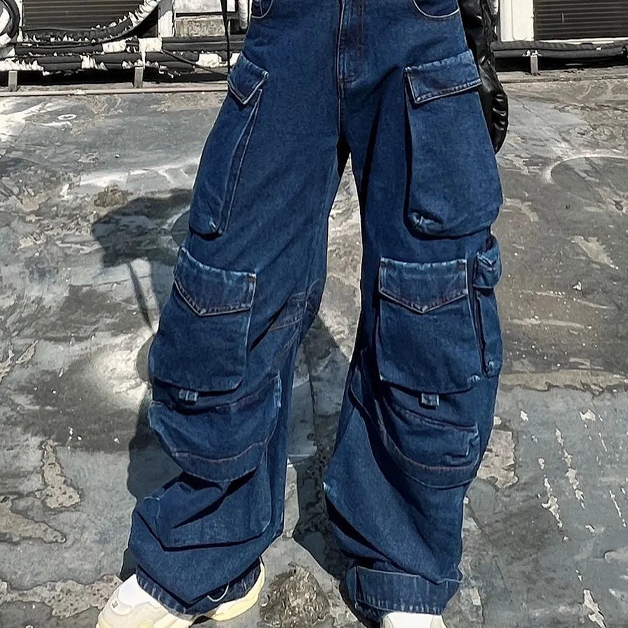 Dark blue distressed wide-leg jeans with high waist and multiple pockets on cotton denim fabric