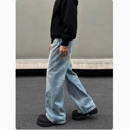 Men's blue retro straight jeans with whisker washing and flared leg detail