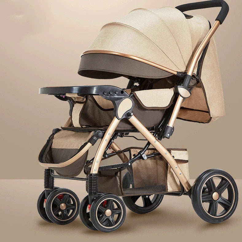 Baby stroller with reversible seat in sky blue colour showing folded and unfolded configurations