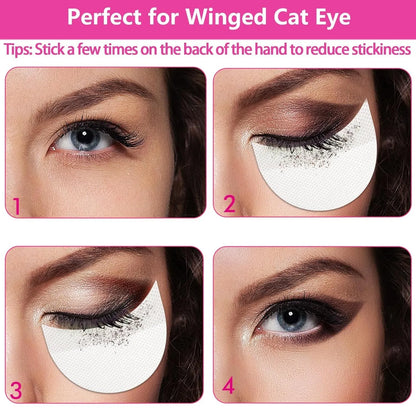 Pack of disposable half-moon shaped under-eye makeup shields on a pink background.