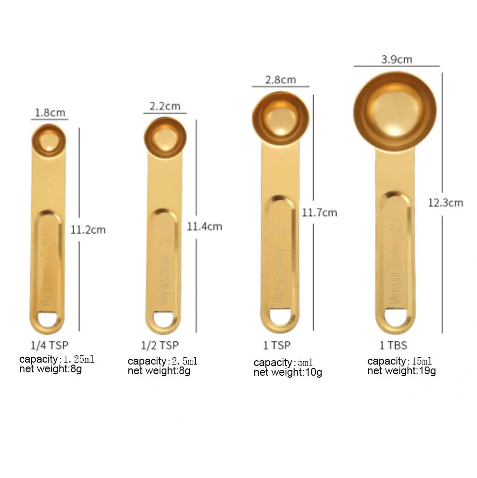 Stainless steel measuring spoons and cups set with engraved markings and removable storage rings
