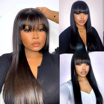 Natural colour human hair wig with straight fringe on full-mechanism headgear, displayed at medium length.