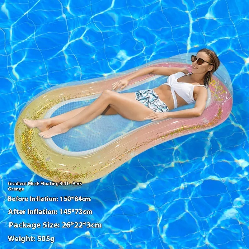 Vibrant gradient blue and purple sequined inflatable pool float lounger on water