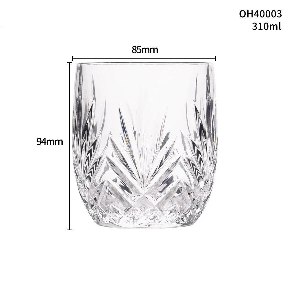 Whiskey shot glass with thick bottom, crystal clear, 350ml capacity, on wooden table