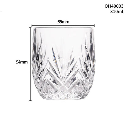 Whiskey shot glass with thick bottom, crystal clear, 350ml capacity, on wooden table