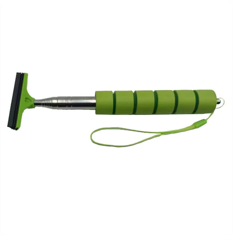 Retractable stainless steel car mirror wiper with rubber blade in black, extended to show length.