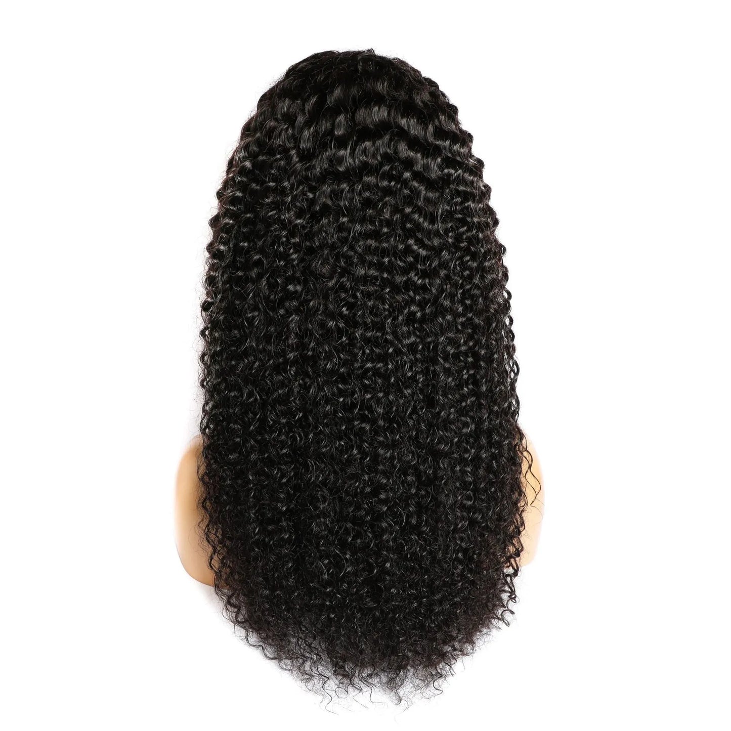 Close-up of a curly hand-woven human hair wig showing the realistic lace front and textured curls.