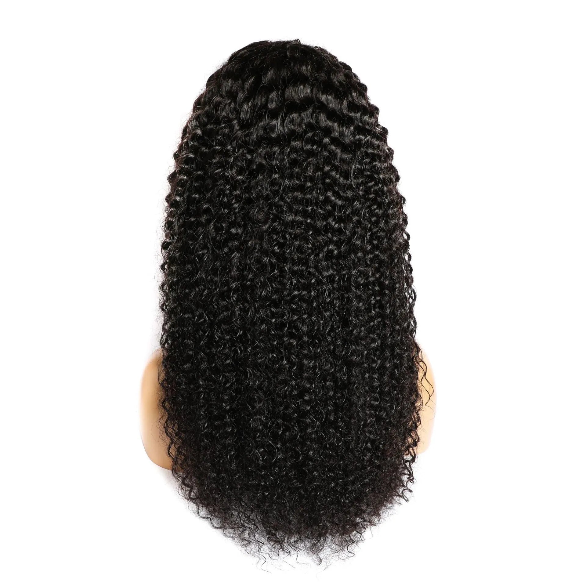 Close-up of a curly hand-woven human hair wig showing the realistic lace front and textured curls.