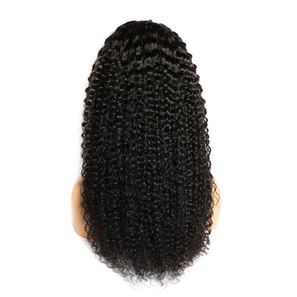 Close-up of a curly hand-woven human hair wig showing the realistic lace front and textured curls.