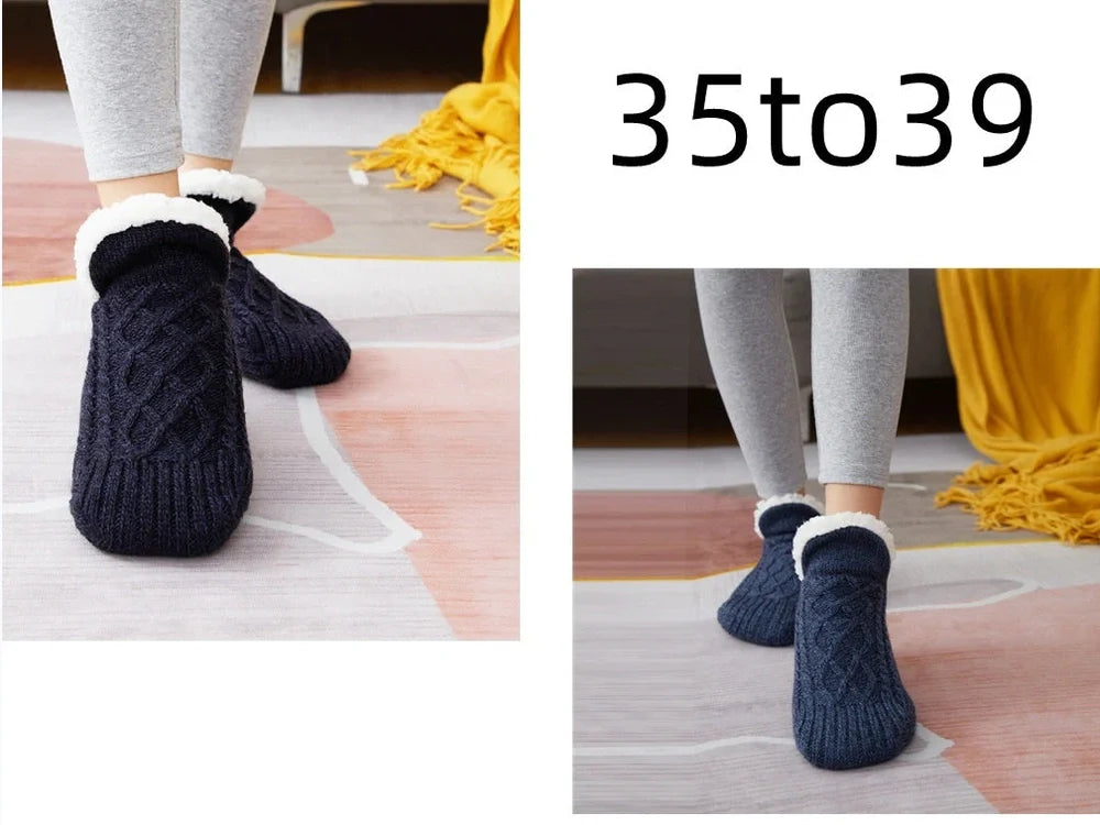 Winter woolen socks with V-opening design and anti-slip dots on soles in navy blue colour