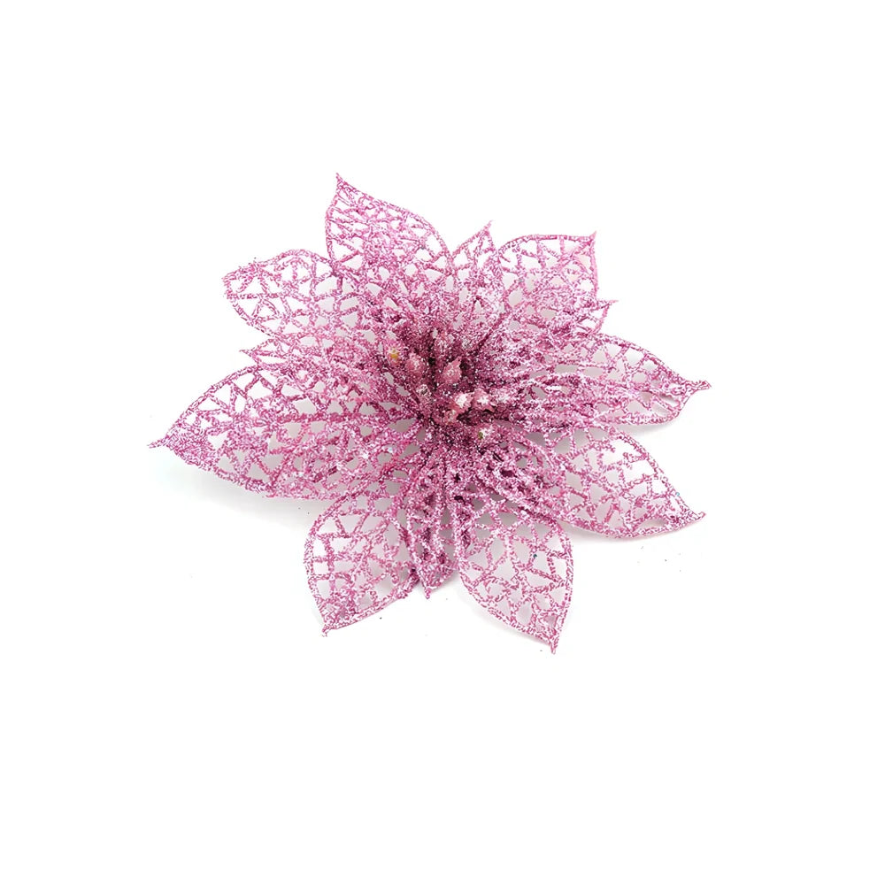 Set of 10 golden 15cm glitter flowers for Christmas trees in gold, silver, red colours