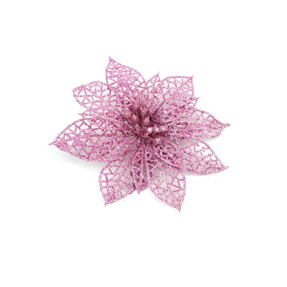 Set of 10 golden 15cm glitter flowers for Christmas trees in gold, silver, red colours