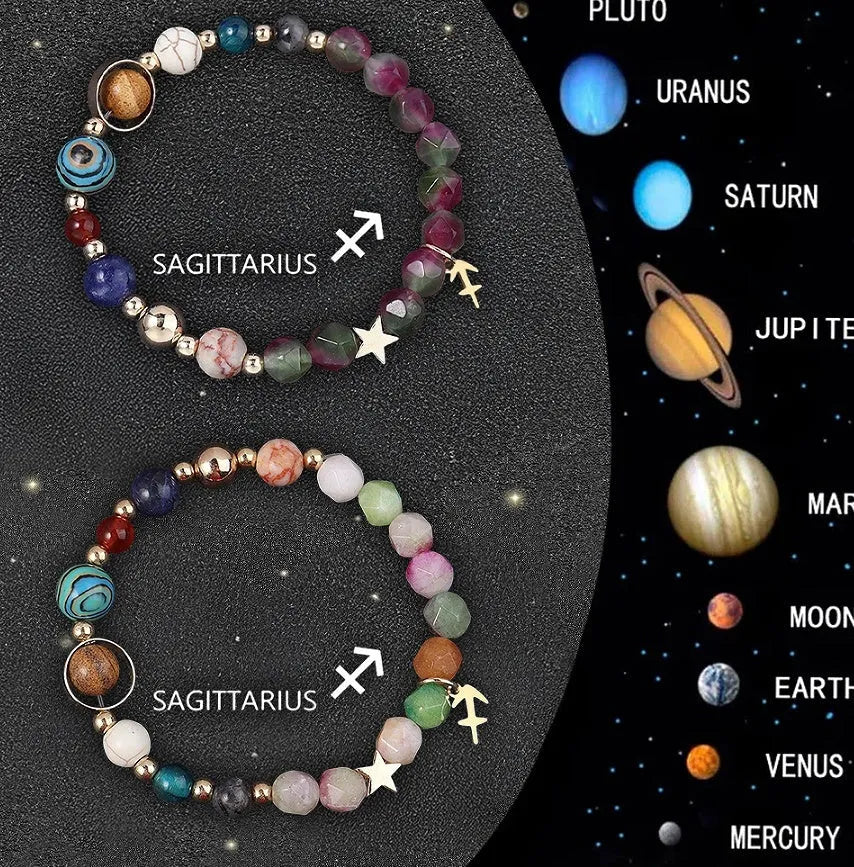 Two natural stone beaded bracelets with zodiac sign charms on adjustable knotted cords