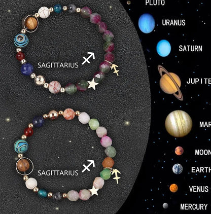 Two natural stone beaded bracelets with zodiac sign charms on adjustable knotted cords