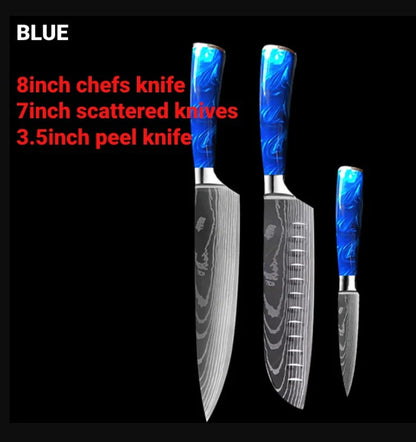 8-inch Chef Knife with vibrant blue resin handle, perfect for precision cutting in the kitchen.