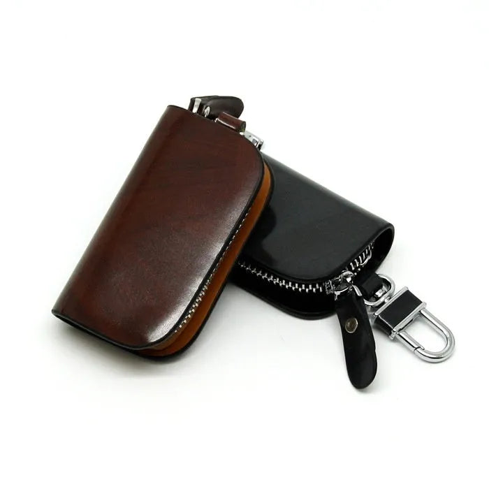 Genuine cowhide leather car key case with frosted finish in black and brown colours