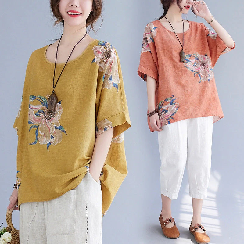 Korean Cotton Hemp Summer Top in yellow and orange with loose fit