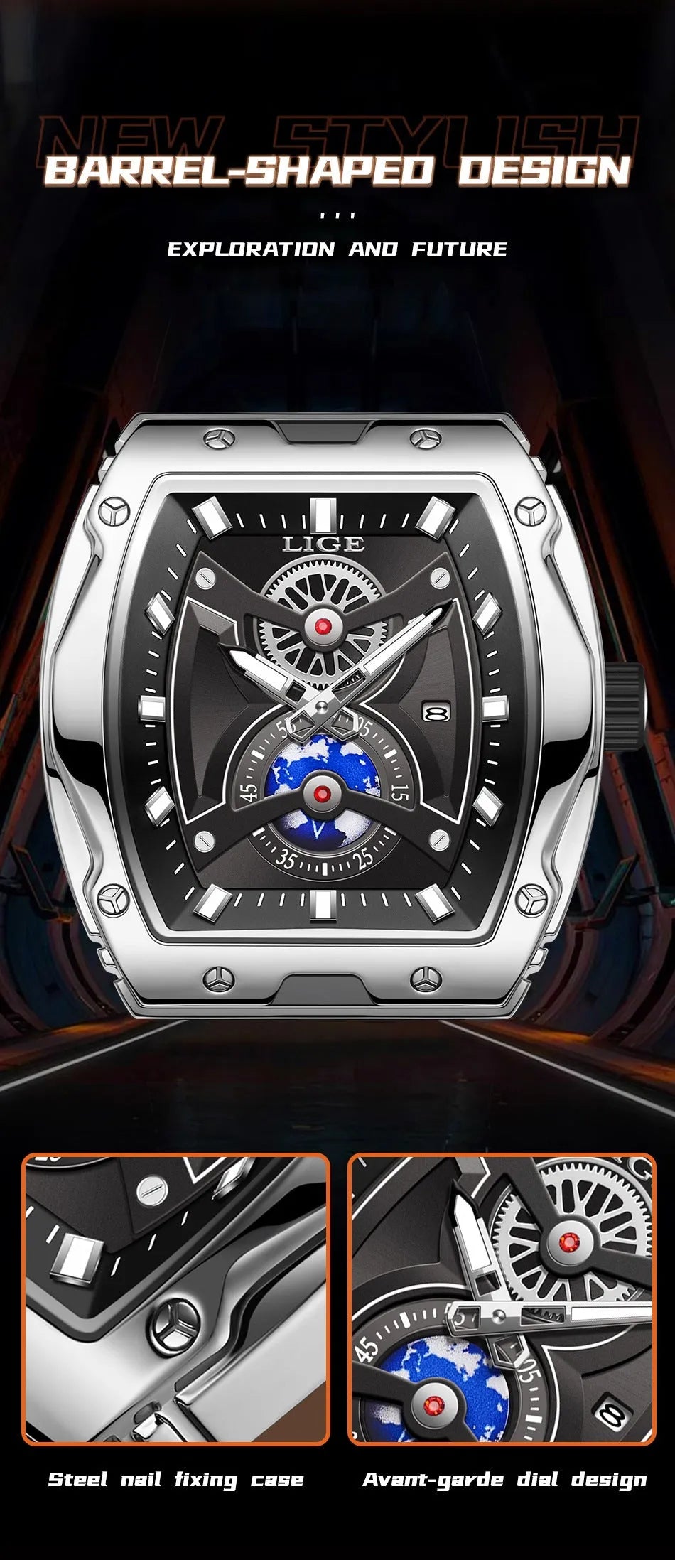 Men's tonneau watch with stainless steel case, silicone strap, and silver blue dial, 15mm thick.