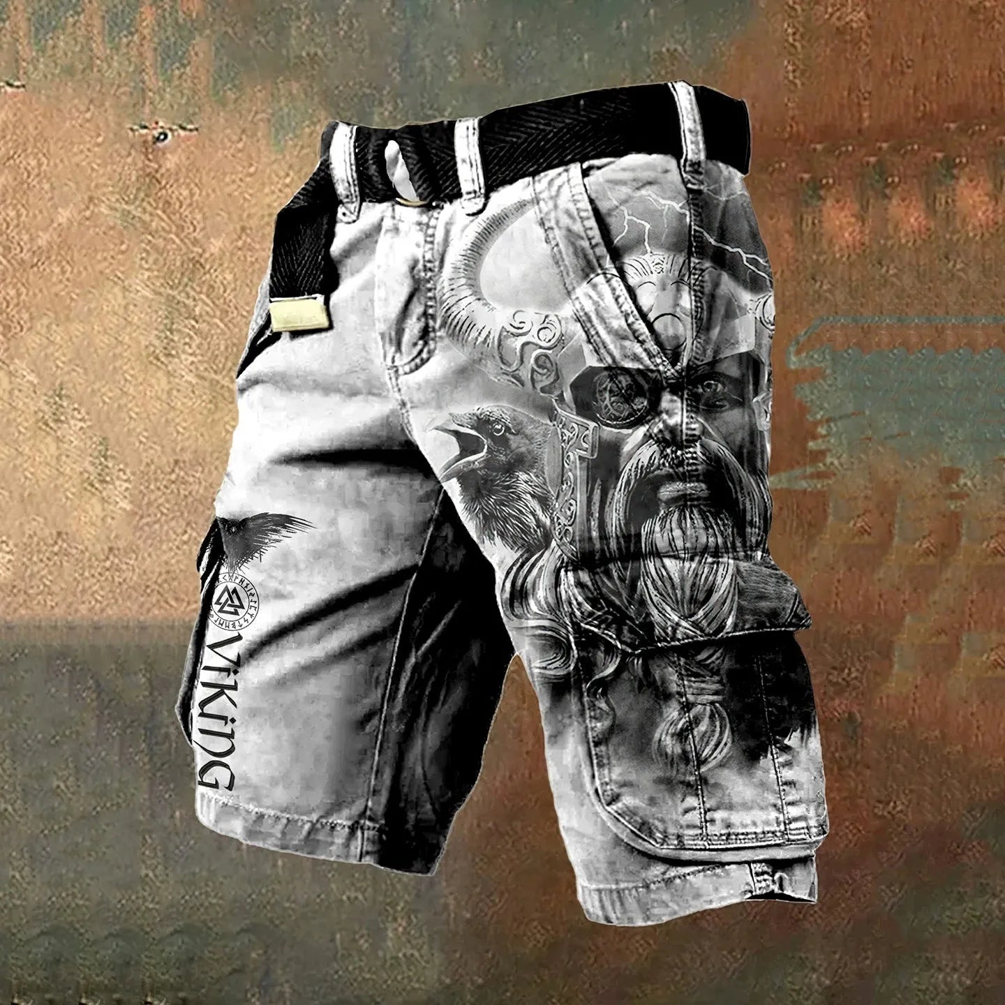 Men's digital printed zip shorts in polyester fabric showing colour and pattern options