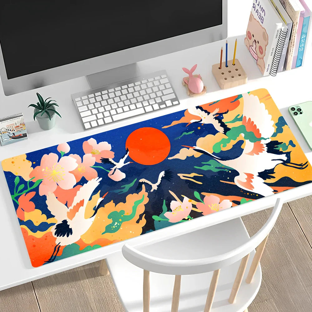 Large non-slip mouse pad with lock edge in Cherry Blossom Tower design, 900x400x4mm natural rubber base for desk stability