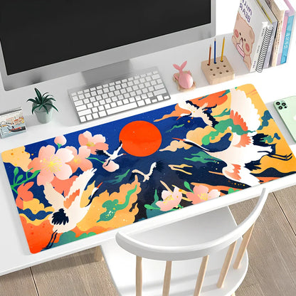 Large non-slip mouse pad with lock edge in Cherry Blossom Tower design, 900x400x4mm natural rubber base for desk stability