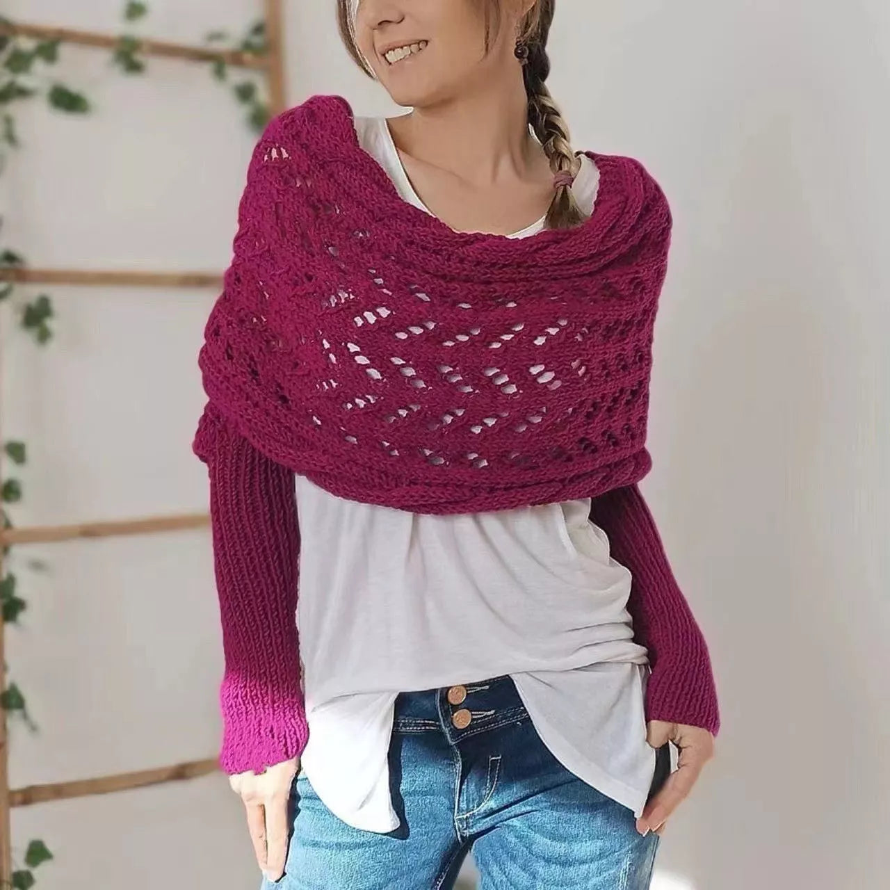 Women's hollowed-out double sleeve knitted shawl in various colors