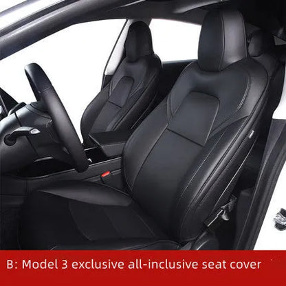 Black PVC seat cover installed on a Tesla Model 3 front seat, showing binding-style edges.
