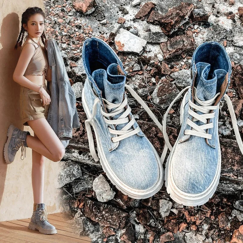 Women's retro denim Martin boots with thick rubber sole, square low heel, front lace-up, light blue or creamy white