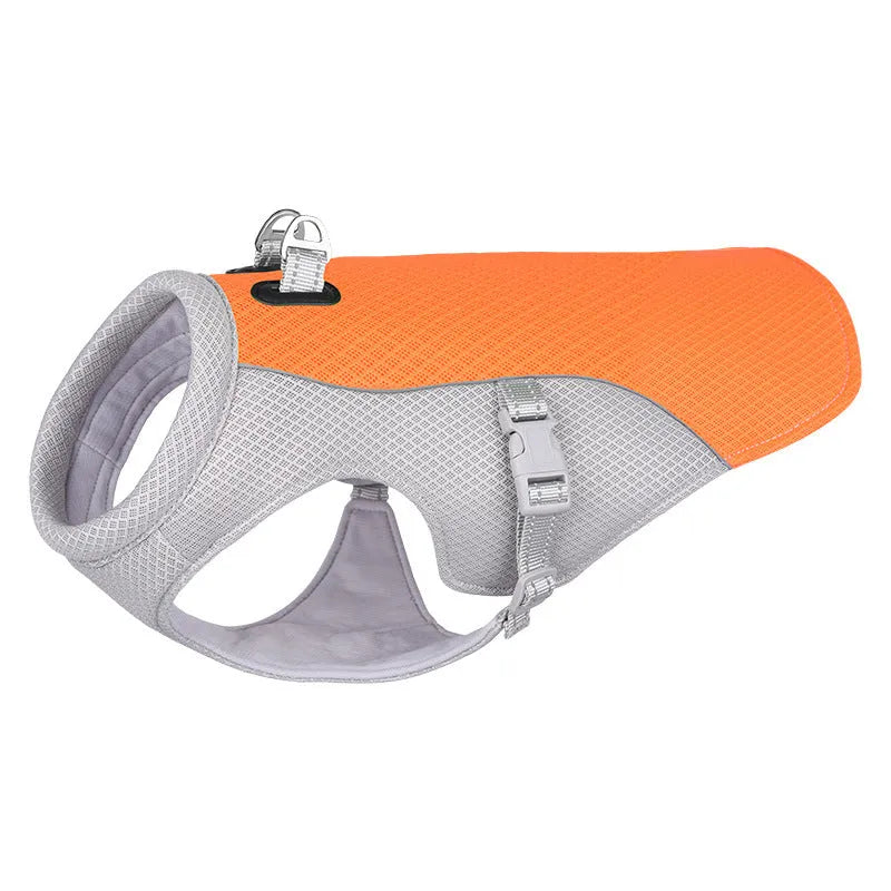 Orange polyester dog cooling vest showing layered construction and adjustable fit on a medium-sized dog.