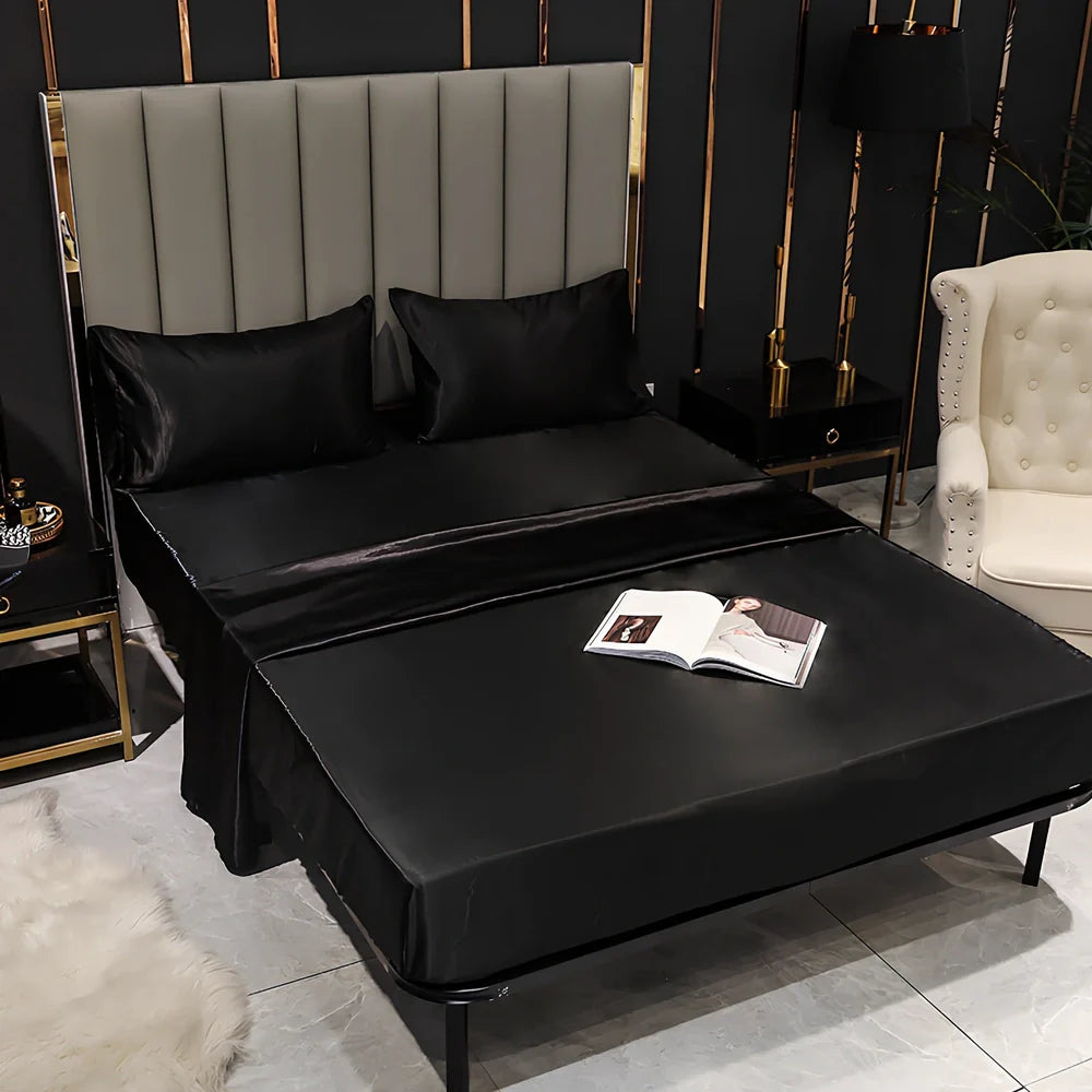 Artificial silk fitted bed sheet with elastic band in black, camel, red, sapphire or violet colours