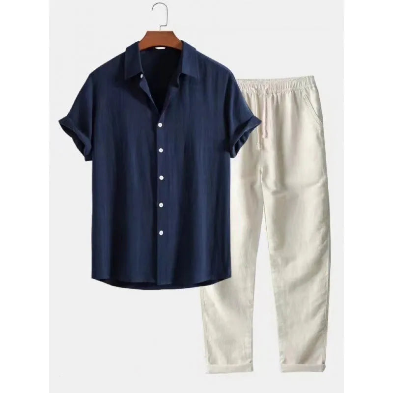 Men's loose fit short sleeve shirt and trousers casual suit set in various colours