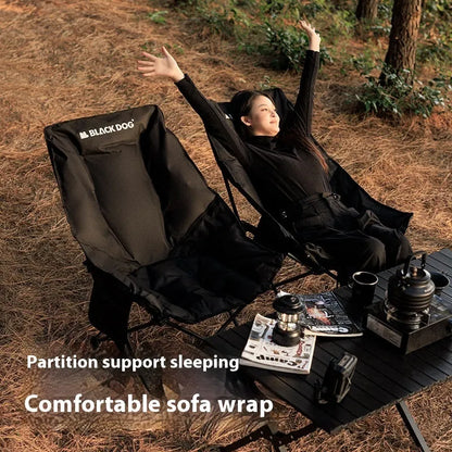Night black Oxford cloth moon style folding camping chair with curved backrest in open position