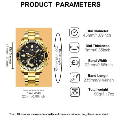Gold men's business watch with stainless steel strap showing 10mm thickness case and calendar display